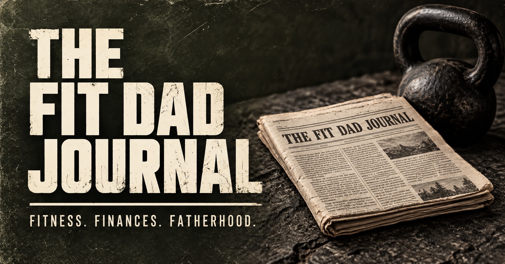 The Fit Dad Journal newspaper beside a kettlebell: Fitness. Finances. Fatherhood.